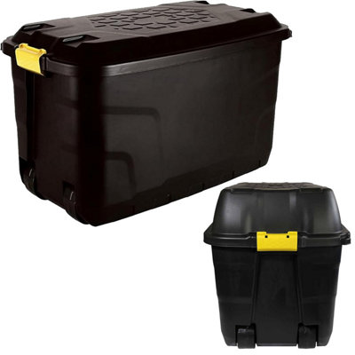 1 x 175 Litre Large Heavy Duty Indoor Outdoor Black Storage Trunk With Clip On Lid & Wheels