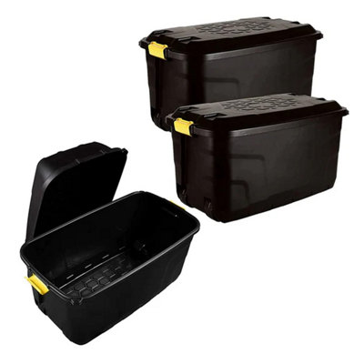 1 x 175 Litre Large Heavy Duty Indoor Outdoor Black Storage Trunk With Clip On Lid & Wheels - 3