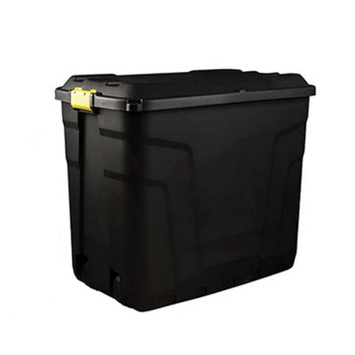 1 x 190 Litre Large Heavy Duty Indoor Outdoor Black Storage Trunk With Clip On Lid & Wheels