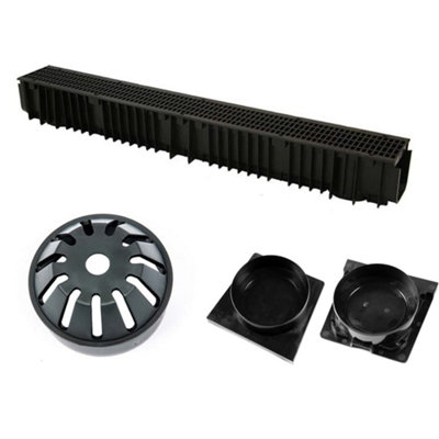 1 x 1m Lengths Clark Drain CD422 new mesh grating A15 Drainage Channel with 1 x Stopend & Outlet Pack CD402 & 1 Leaf Guard CD403