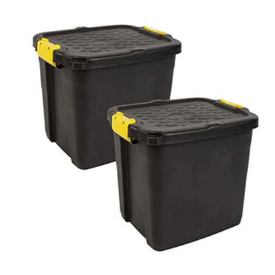 1 x 42 Litre Large Heavy Duty Indoor Outdoor Black Storage Trunk With Clip On Lid