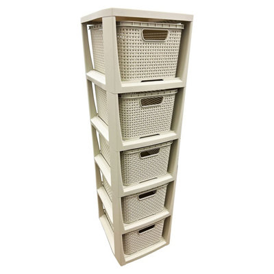 1 x 5 Drawer Cream Rattan Effect Commode Stylish Home Office Storage Tower Unit Basket