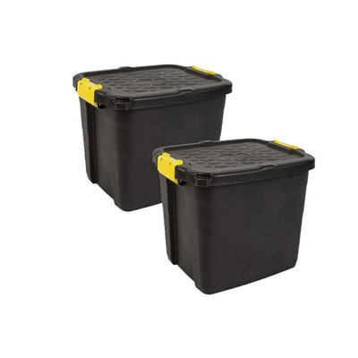 1 x 60 Litre Large Heavy Duty Indoor Outdoor Black Storage Trunk With Clip On Lid