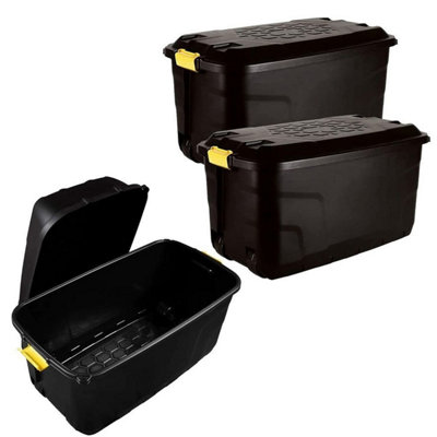 1 x 60L Strong Black Heavy Duty Indoor Outdoor Storage Trunk With Yellow Handles & Lid