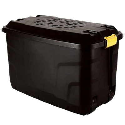 1 x 60L Strong Black Heavy Duty Indoor Outdoor Storage Trunk With Yellow Handles & Lid