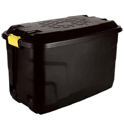 1 x 60L Strong Black Heavy Duty Indoor Outdoor Storage Trunk With Yellow Handles & Lid