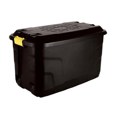 1 x 75 Litre Large Heavy Duty Indoor Outdoor Black Storage Trunk With Clip On Lid & Wheels