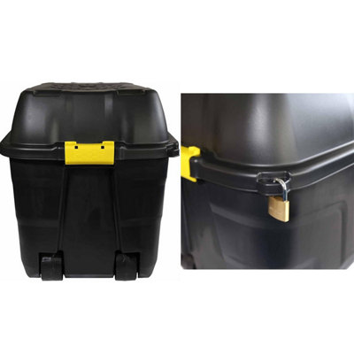 1 x 75 Litre Large Heavy Duty Indoor Outdoor Black Storage Trunk With Clip On Lid & Wheels