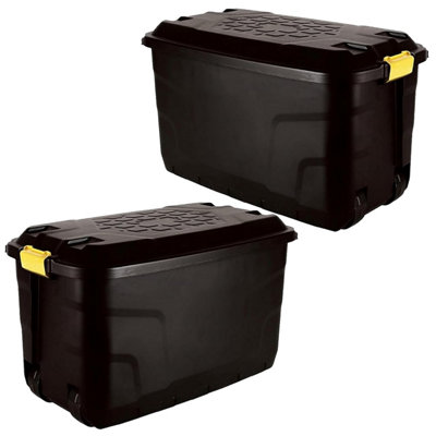 1 x 75 Litre Large Heavy Duty Indoor Outdoor Black Storage Trunk With Clip On Lid & Wheels - 3