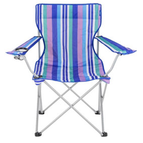 1 x Blue & White Striped Foldable Outdoor Garden Camping Chairs With Cup Holder & Arm Rest
