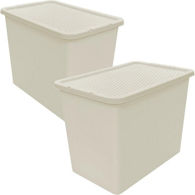 1 x Cream 80L Rattan Effect Large Plastic Stackable Home Office Storage Container With Lid