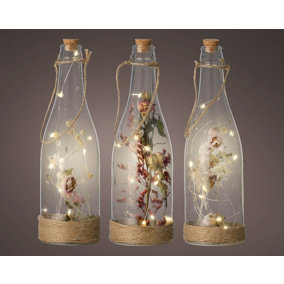 1 x Decorative Light Up Bottle With Artificial Flowers Micro Warm White LEDs 24cm