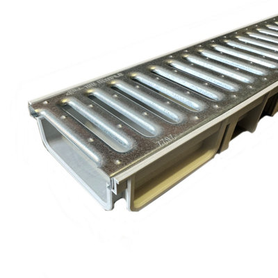 1 x Grey channel with galvanised Steel Grate Ultra Low Profile Shallow Flow Drain Plastic Grating 50mm Deep x 1m Length x 125mm W