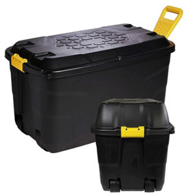 1 x Heavy Duty 110 Litre Robust Black Storage Trunk With Wheels & Handles XL Capacity Great For Indoor & Outdoor