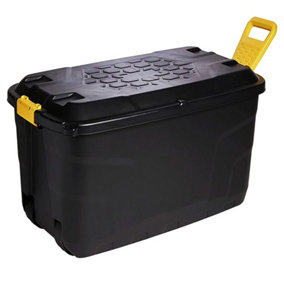 1 x Heavy Duty 145 Litre Robust Black Storage Trunk With Wheels & Handles XL Capacity Great For Indoor & Outdoor