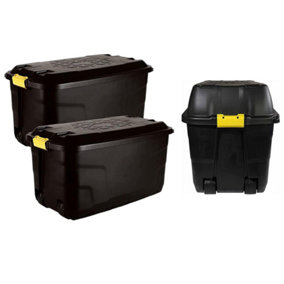 1 x Heavy Duty Black Storage Trunk 175 Litre With Lid, Wheels & Yellow Handles Great For Indoor & Outdoor Use
