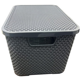1 x Nature Inspired Grey Home & Office Rattan Effect Storage Basket With Lid