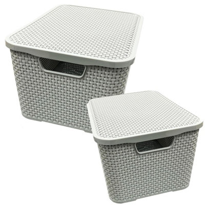 1 x Nature Inspired Light Grey Home & Office Rattan Effect Storage Basket With Lid