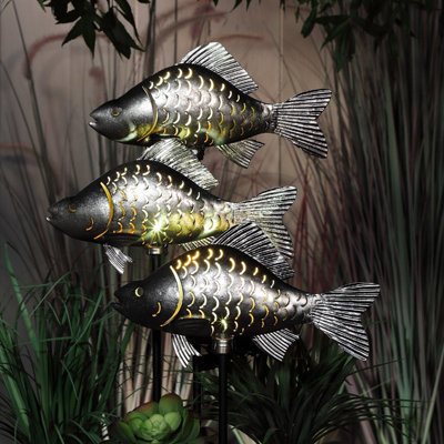 1 x Noma Solar Carp Fish LED Metal Stake Light Silver Pond Garden 9019021