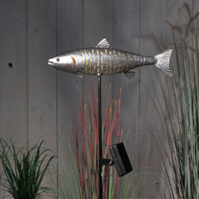 1 x Noma Solar Trout Fish LED Metal Stake Light Silver Pond Garden 9019017
