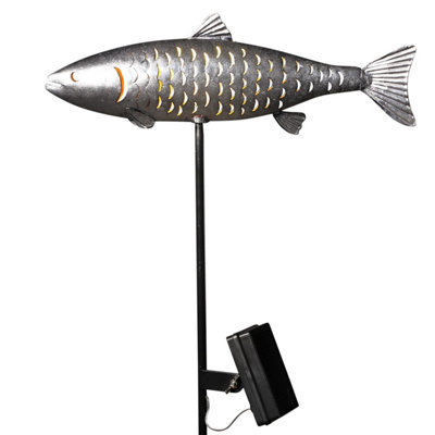 1 x Noma Solar Trout Fish LED Metal Stake Light Silver Pond Garden 9019017 - 3