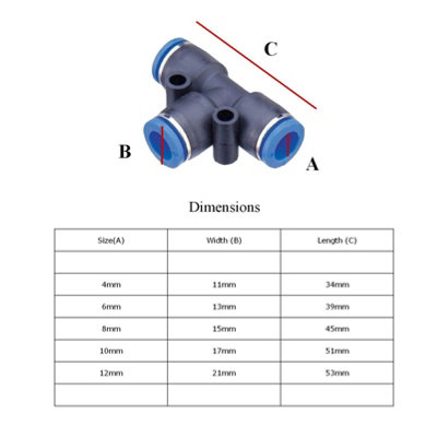 1 x T Piece Connector 10mm Speed Push Fit for Pneumatic Air