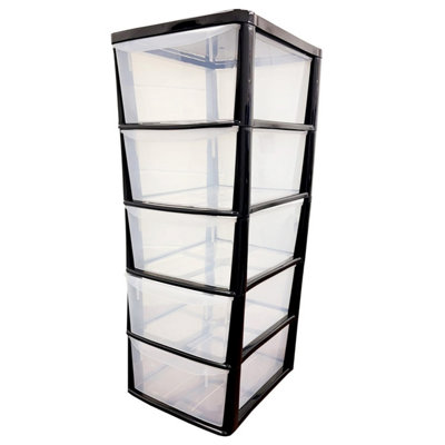 1 x Tall Black Storage Tower Unit With 5 Large Spacious Clear Plastic Drawers