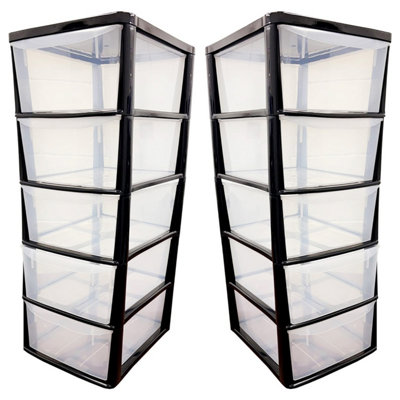 1 x Tall Black Storage Tower Unit With 5 Large Spacious Clear Plastic Drawers