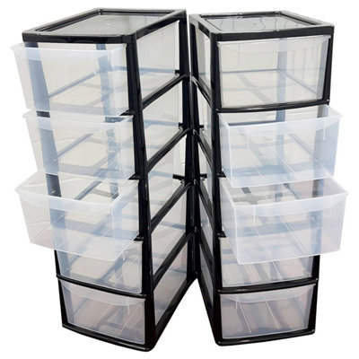 1 x Tall Black Storage Tower Unit With 5 Large Spacious Clear Plastic Drawers