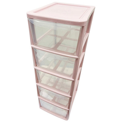 1 x Tall Pink Storage Tower Unit With 5 Large Spacious Clear Plastic ...