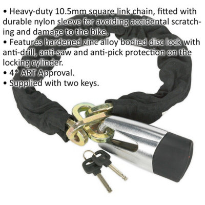 10.5 x 900mm Motorcycle Chain & Disc Lock - 4 STAR ART Rated Anti Drill Saw Pick