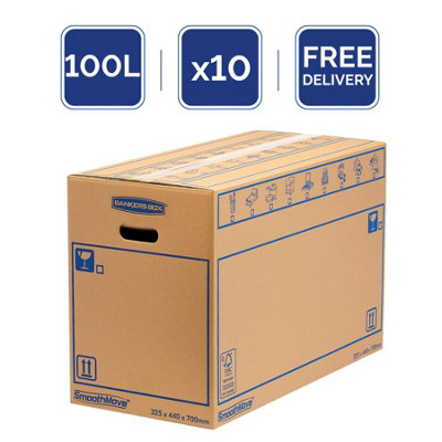10 BANKERS BOX Cardboard Moving Boxes - 100L Heavy Duty Double Wall Boxes - 70 x 44 x 32.5cm - Pack of 10