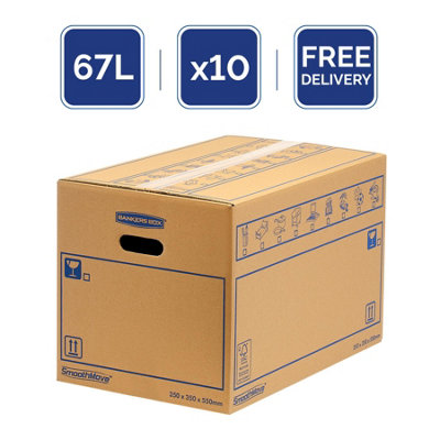 10 BANKERS BOX Cardboard Moving Boxes - 67L Heavy Duty Double Wall Boxes - 35 x 35 x 55cm - Pack of 10