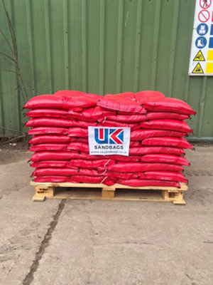 10 Filled red polypropylene sandbags