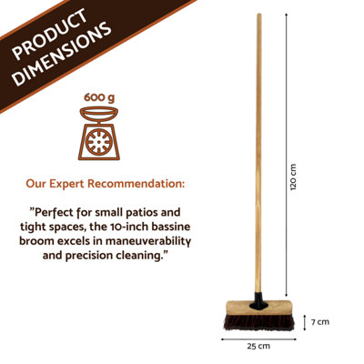 10-Inch Bassine Broom - Heavy-Duty Outdoor Sweeper with Wooden Handle - Perfect for Small Patios - 3