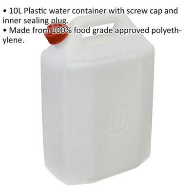 10 Litre Plastic Water Container - Screw Cap - Inner Sealing Plug - Food Safe