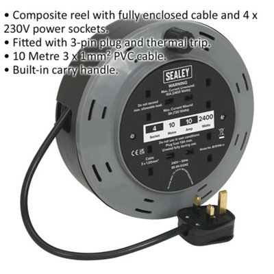10 Metre Cassette Type Cable Reel - 4 x 230V Plug Socket Extension Lead 2400W