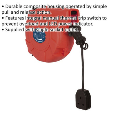 10 Metre Retractable Cable Reel System - 1 x 230V Plug Socket - Composite Cased