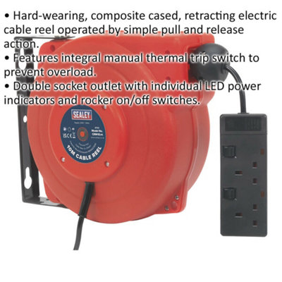 10 Metre Retractable Cable Reel System - 2 x 230V Plug Socket - Composite Cased