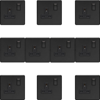 10 PACK 1 Gang DP 13A Switched UK Plug Socket SCREWLESS MATT BLACK Wall Power