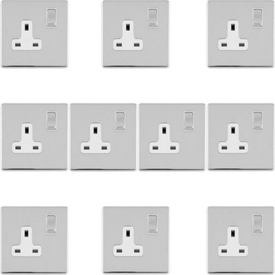 10 PACK 1 Gang DP 13A Switched UK Plug Socket SCREWLESS POLISHED CHROME Power