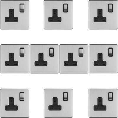10 PACK 1 Gang DP 13A Switched UK Plug Socket SCREWLESS SATIN STEEL Wall Power