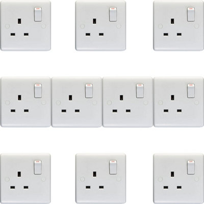 10 PACK 1 Gang Single Pole 13A Switched UK Plug Socket - WHITE Wall Power Outlet