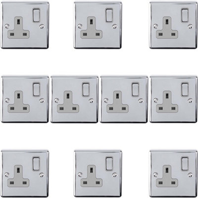 10 PACK 1 Gang Single UK Plug Socket POLISHED CHROME 13A Switched GREY Trim Price Comparisons | Compare The Build