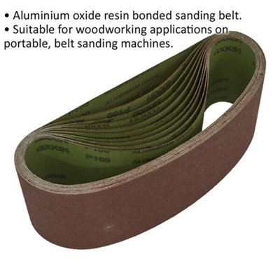 10 PACK - 100mm x 610mm Sanding Belts - 100 Grit Aluminium Oxide Cloth Backed