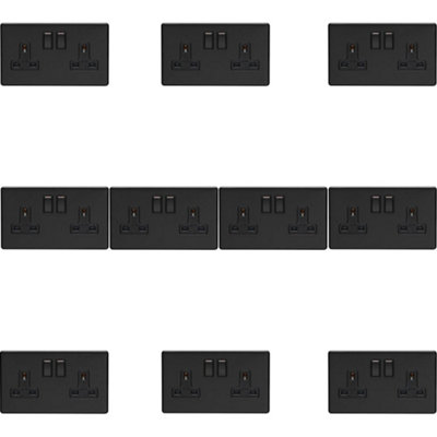 10 PACK 2 Gang Double DP 13A Switched UK Plug Socket SCREWLESS MATT BLACK Wall Power