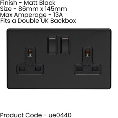 10 PACK 2 Gang Double DP 13A Switched UK Plug Socket SCREWLESS MATT BLACK Wall Power