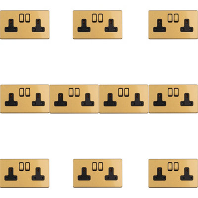 10 PACK 2 Gang Double DP 13A Switched UK Plug Socket SCREWLESS SATIN BRASS Power