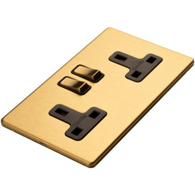 10 PACK 2 Gang Double DP 13A Switched UK Plug Socket SCREWLESS SATIN BRASS Power - 3