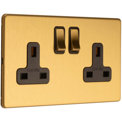 10 PACK 2 Gang Double DP 13A Switched UK Plug Socket SCREWLESS SATIN BRASS Power - 4